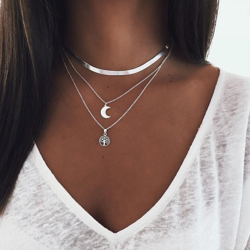 Popular 925 Sterling Silver Triple Layer Necklace Moon Pendant Choker Party  Birthday Gift Women's Fashion Jewelry Free Shipping