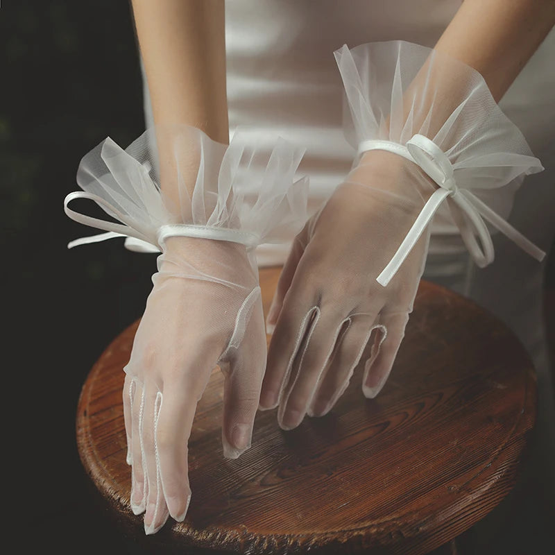 Elegant Wedding Bridal Short White Gloves Breathable Tulle Ribbon Bow Brides Bridesmaid Women Pageant Prom