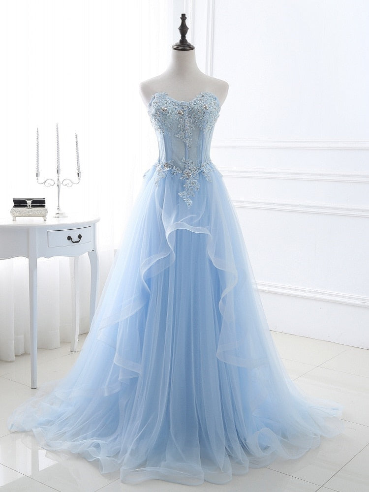Light Blue Prom Dresses Long Sexy Sweetheart A-Line Tulle Lace Applique Beaded Crystal Women Formal Party Gown