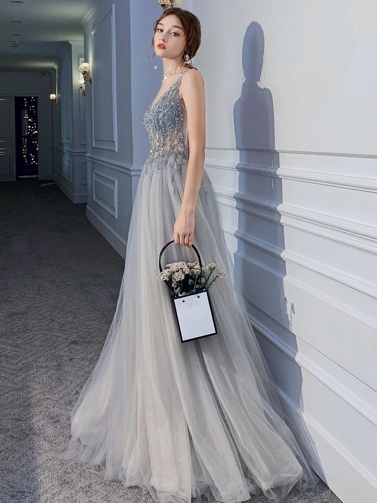 Sexy V-neck Formal Party Prom Gown Backless Beads Sequins Tulle Side Split Sexy Wedding Party Dresses