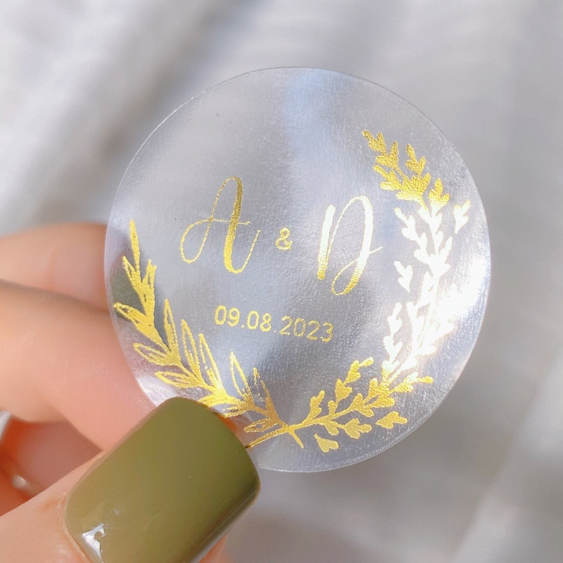 Personalized 4cm~7cm Gold Foil Wedding Favor Stickers,PET Clear Labels,Round Circle Stickers