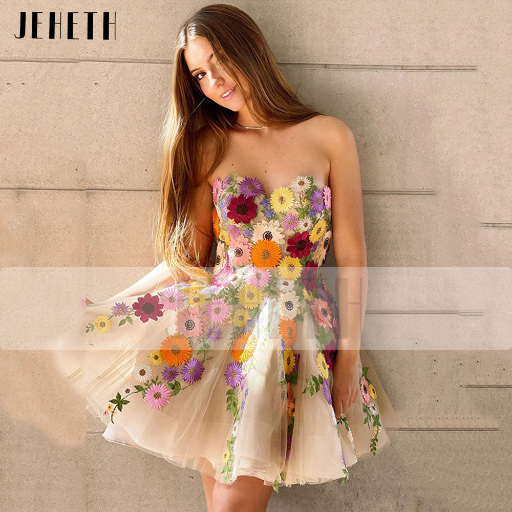 Champagne Strapless Flowers Tulle Mini Prom Homecoming Dress Exquisite Sweetheart A Line Evening Party Graduation Gown