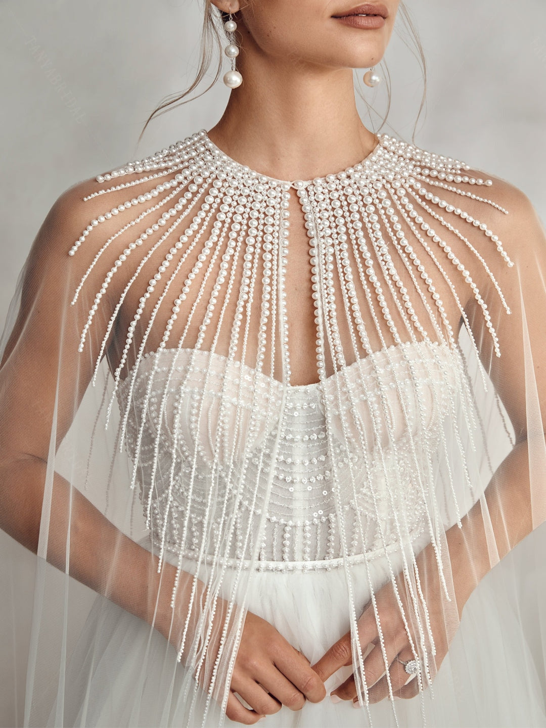 Rows Of Elegant Pearls Adorn The Fine Tulle Stardust Cape, Long Wedding Shawls Bridal Accessories